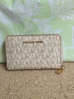 Michael Kors Beige Logo Zip-Around Wallet with Gold Hardware